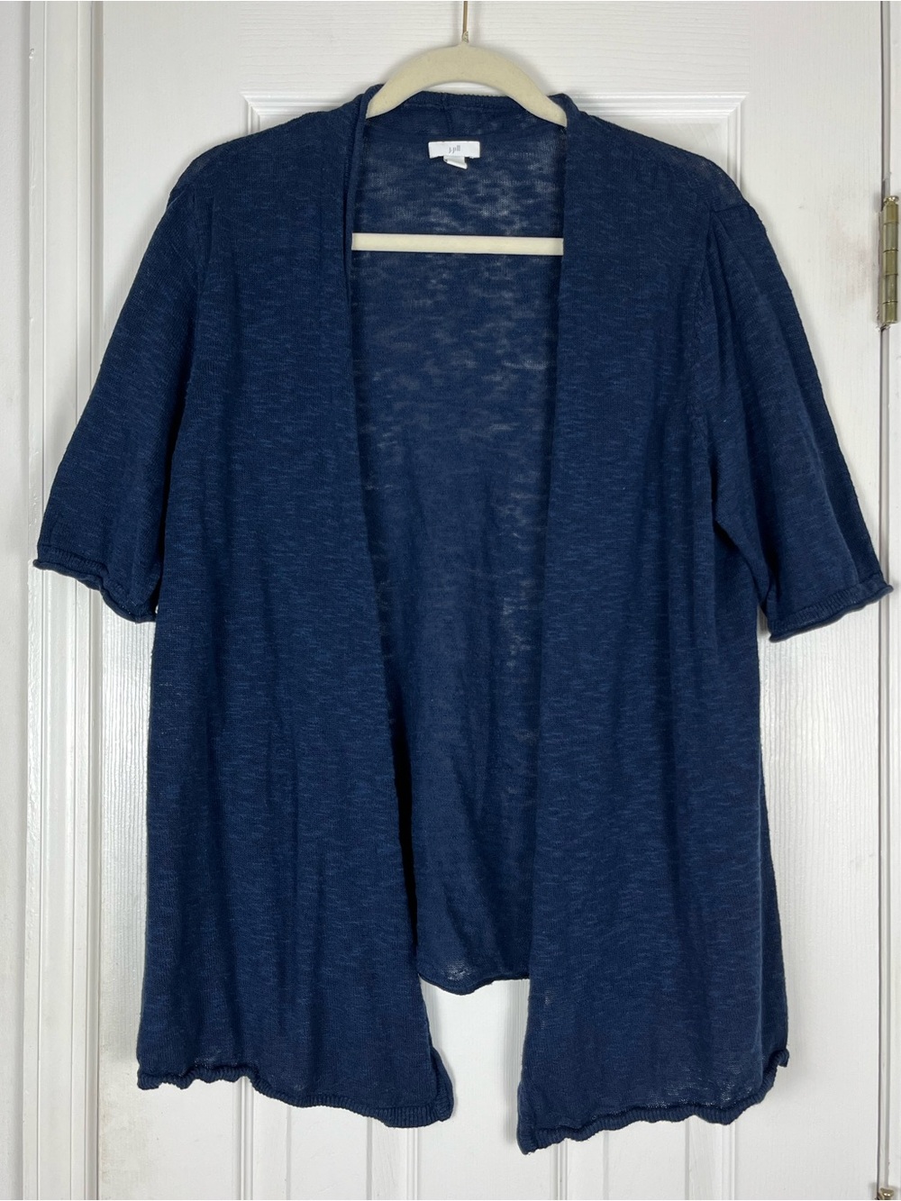 J. Jill Linen Cotton Navy Half Sleeve Open Knit Cardigan Sz L Minimalist